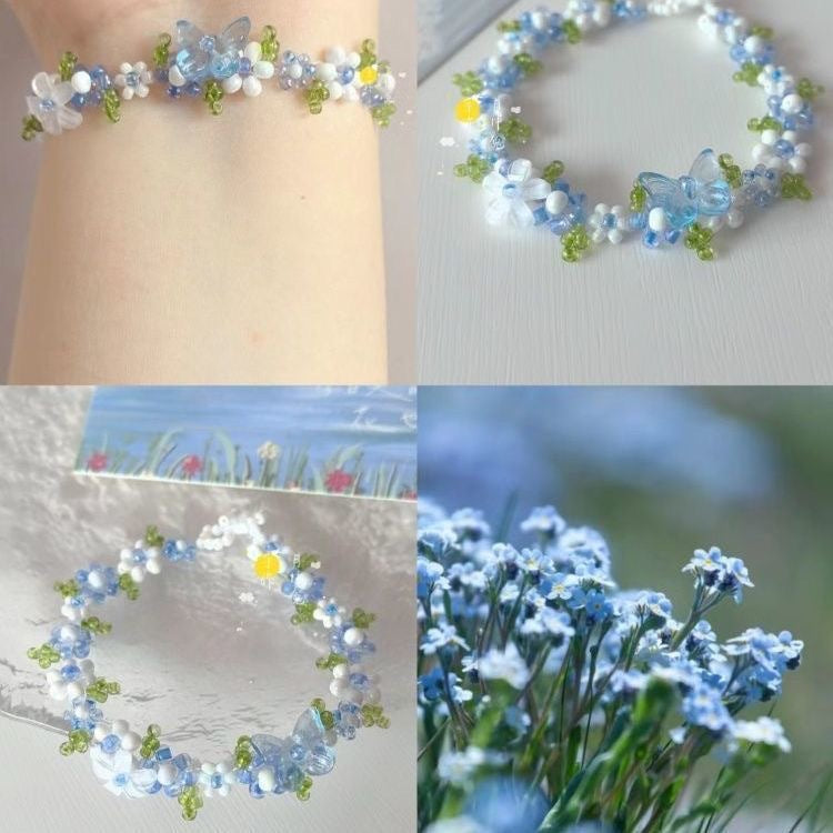 Forget-me-not~ fresh and elegant original hand-made beaded bracelet blue summer small fresh crystal flower bracelet